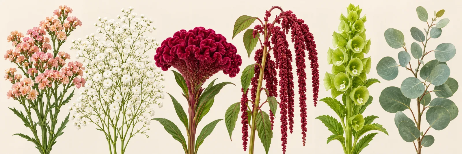 Статица, гипсофила, целозия, амарант, молюцелла и эвкалипт